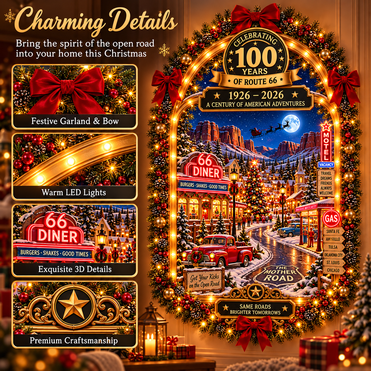 🎄 Route 66 Centennial Christmas Wall Decor – 100 Years of American Adventures (1926–2026) | Lighted Vintage Holiday Decoration & Nostalgic Gift for Road Trip Lovers