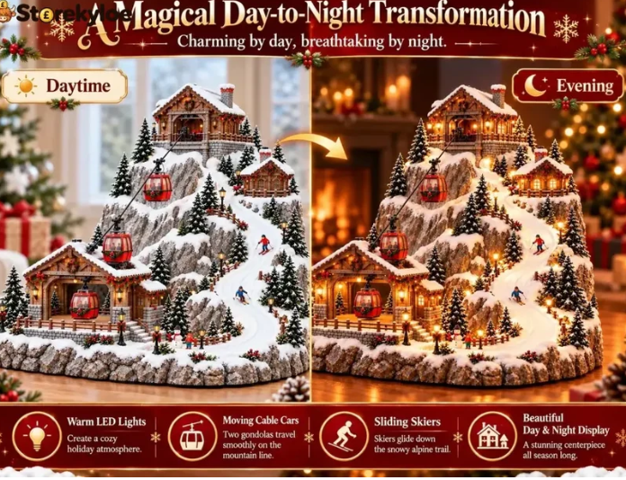 🔥 FINAL NIGHT! 50% OFF!🎿Animated Christmas Mountain Cable Car & Ski Village Scene