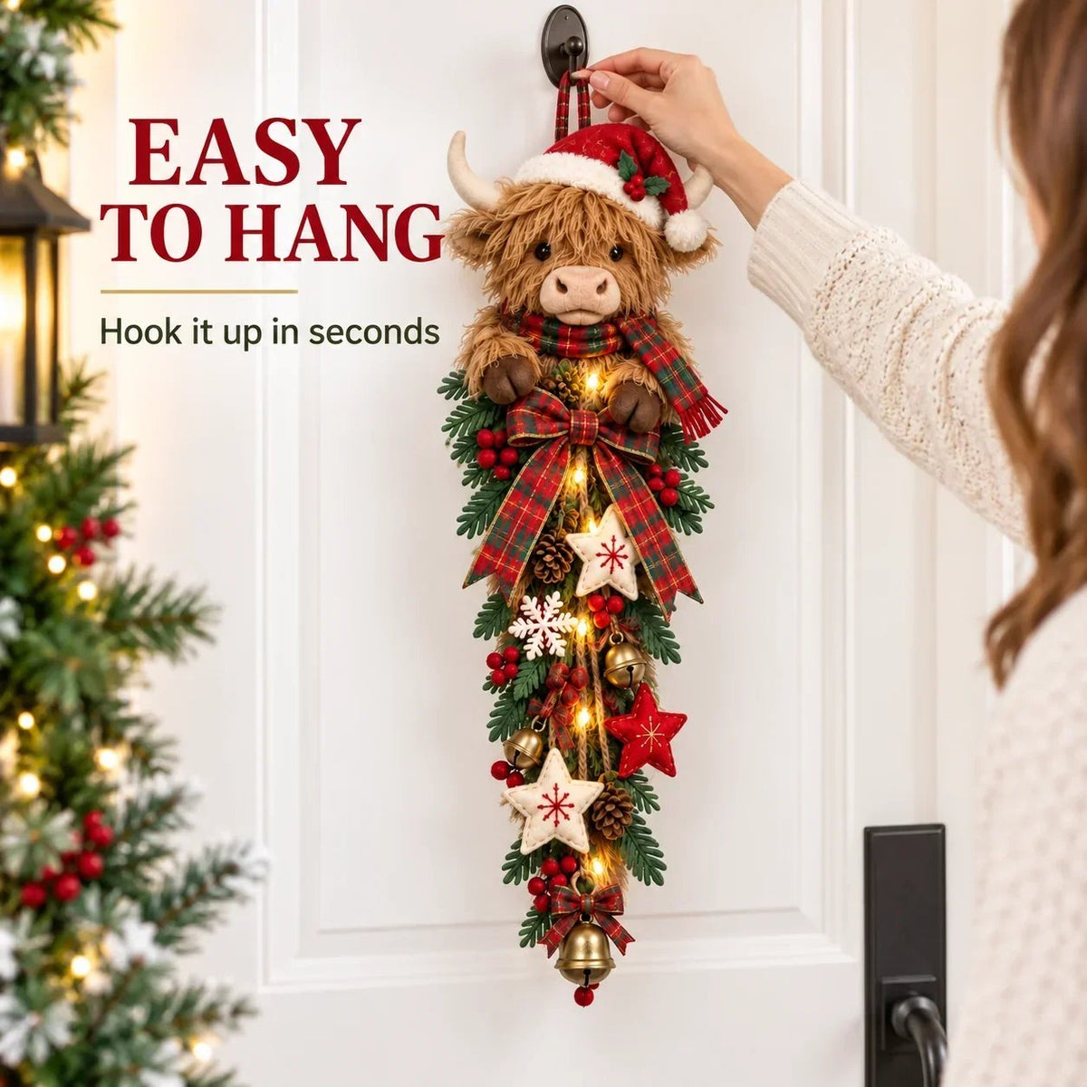 π Lighted Highland Cow Christmas Door Swag β A Cozy Holiday Welcome
