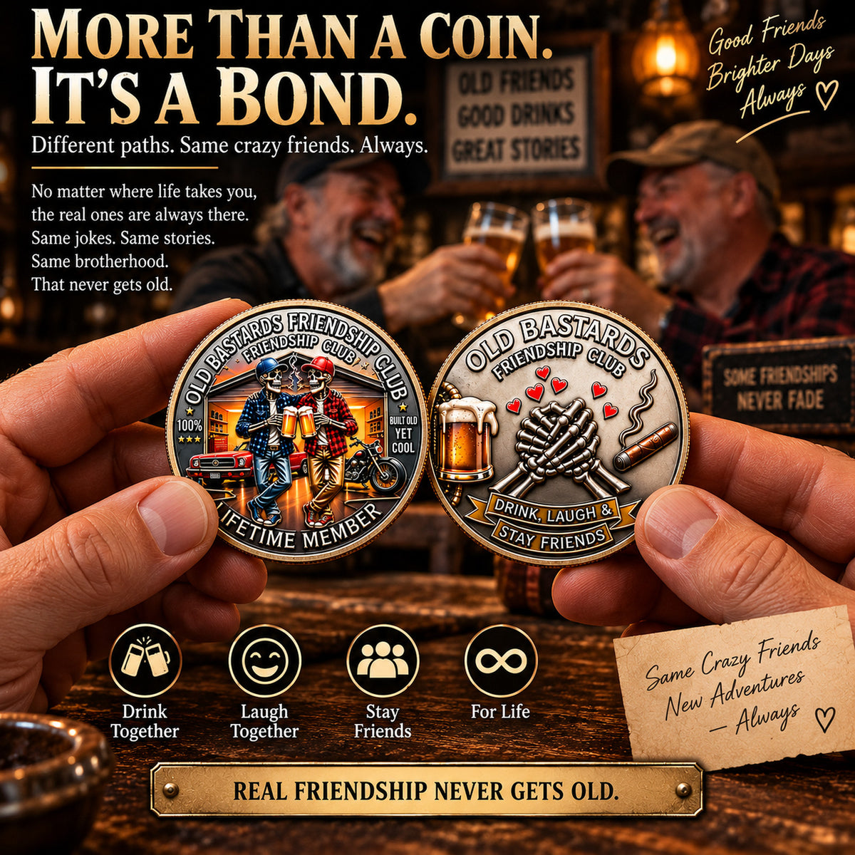 Old Bastards Friendship Club Coin – Funny Keepsake Gift for Lifelong Friends 🍻