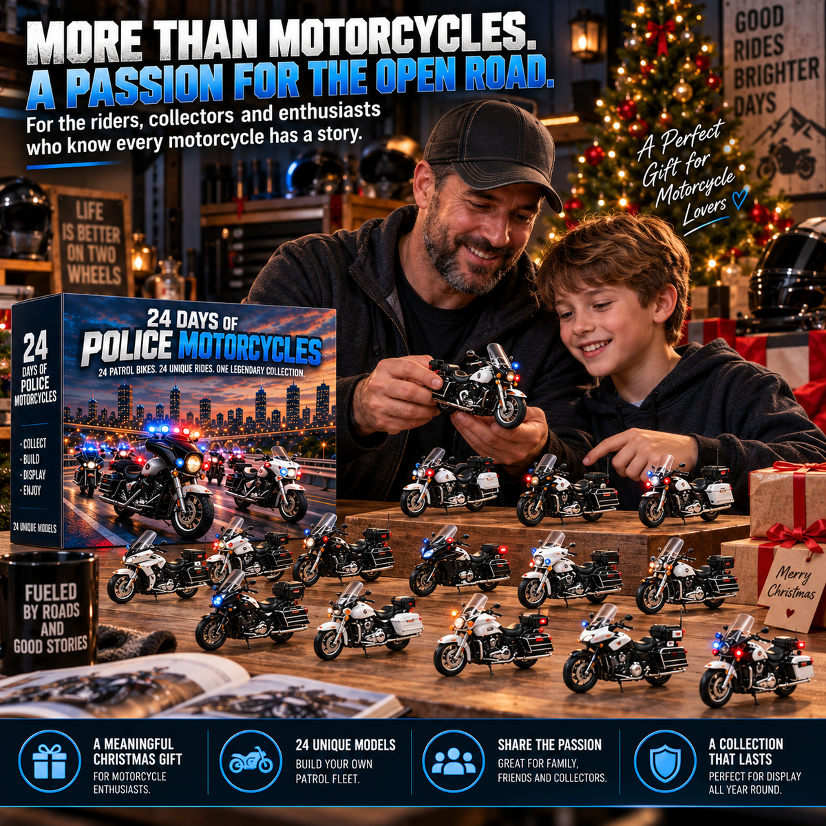 ποΈ 24 Days of Police Motorcycles Advent Calendar β 24 Realistic American Patrol Bike Collectibles, Christmas Gift for Motorcycle Lovers