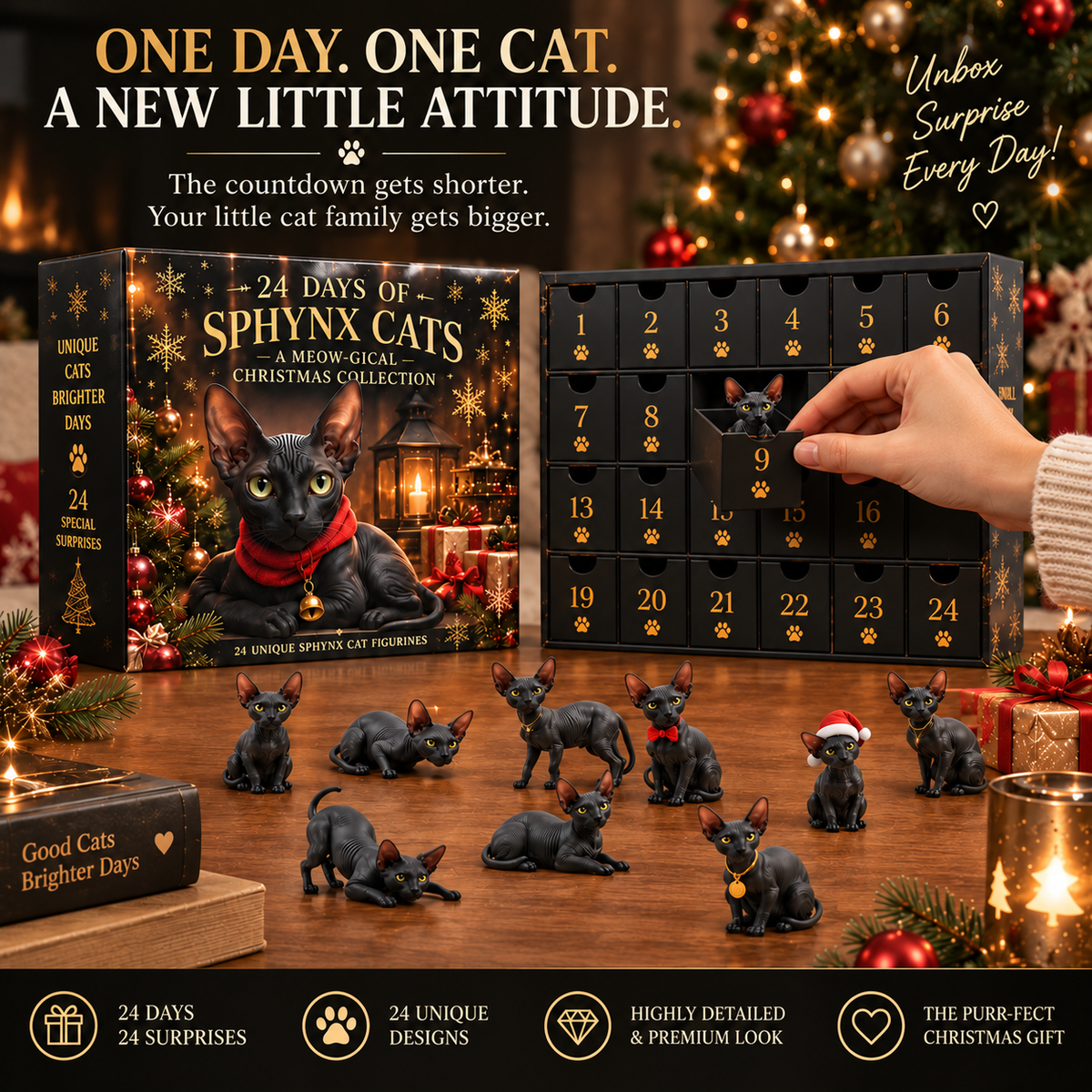 🐈⬛24 Days of Black Sphynx Cats Advent Calendar – 24 Unique Realistic Hairless Cat Figurines