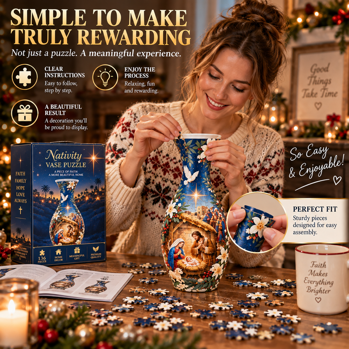 ✨ Ready to Bring the Nativity Story to Life? 🎄 136-Piece 3D Christmas Vase Puzzle