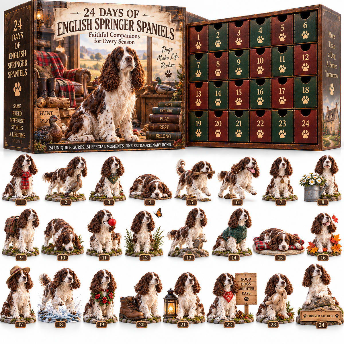 ๐๐พ24 Days of English Springer Spaniel Adventures โ24 Unique Collectible Dog Figurines