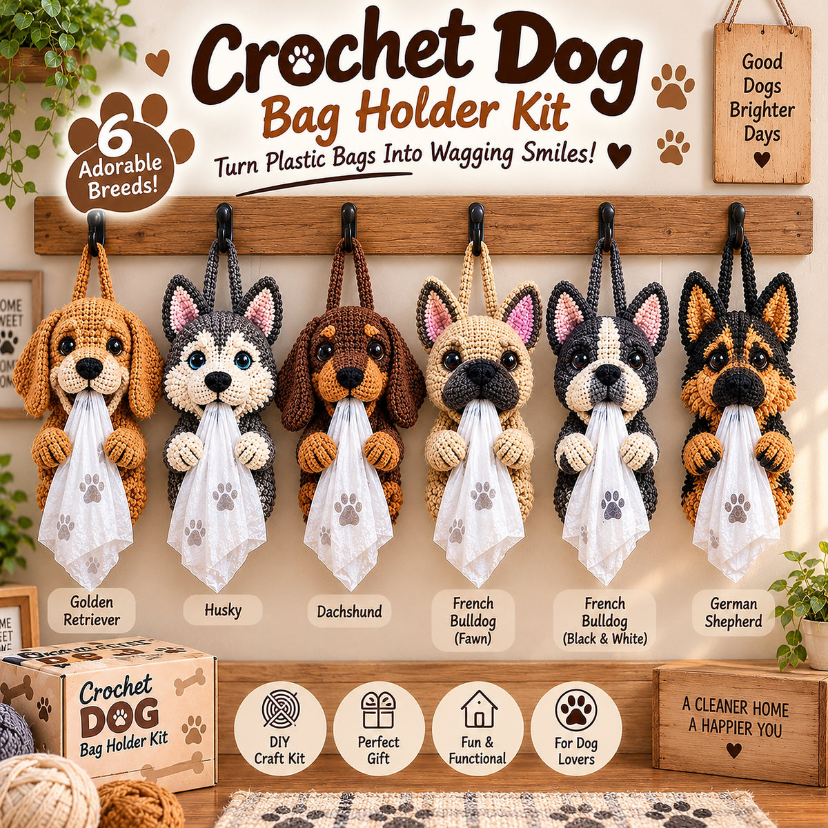 🐶 DIY Crochet Dog Bag Holder Kit – 6 Adorable Breeds, One Cute Way to Keep Your Home Tidy! 🧶❤️