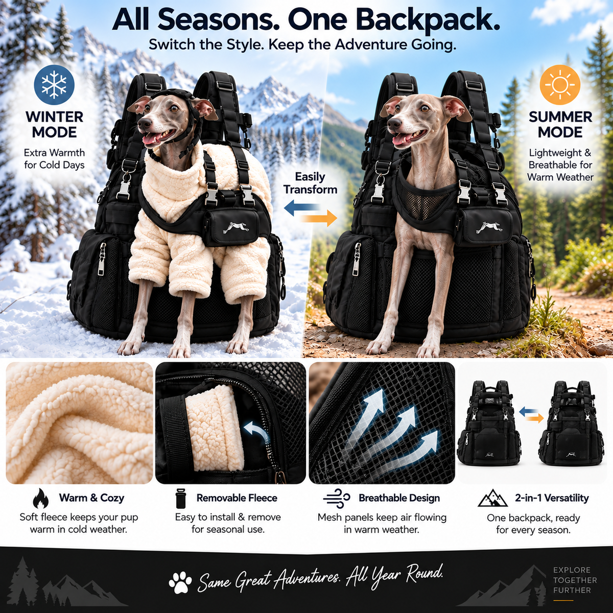 🐕🎒 All-Season Greyhound Carrier Backpack – Removable Warm Fleece, Breathable Mesh & Multi-Pocket Storage