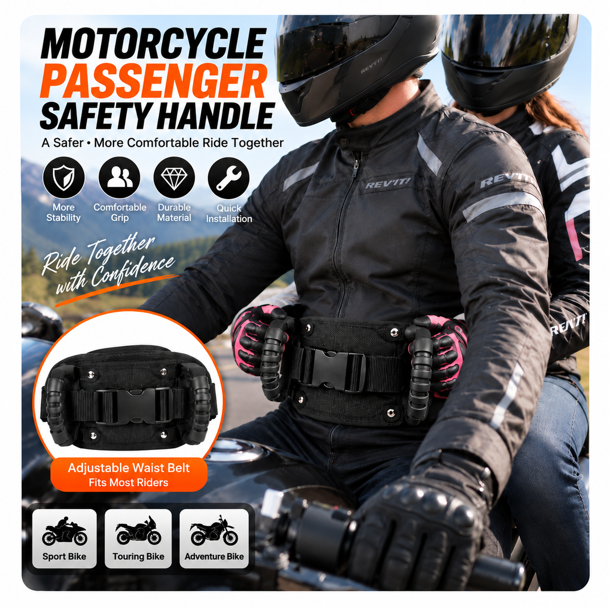 Motorcycle Passenger Grab Handle Belt – Adjustable Waist Belt with Dual Grip Handles for Two-Up Riding