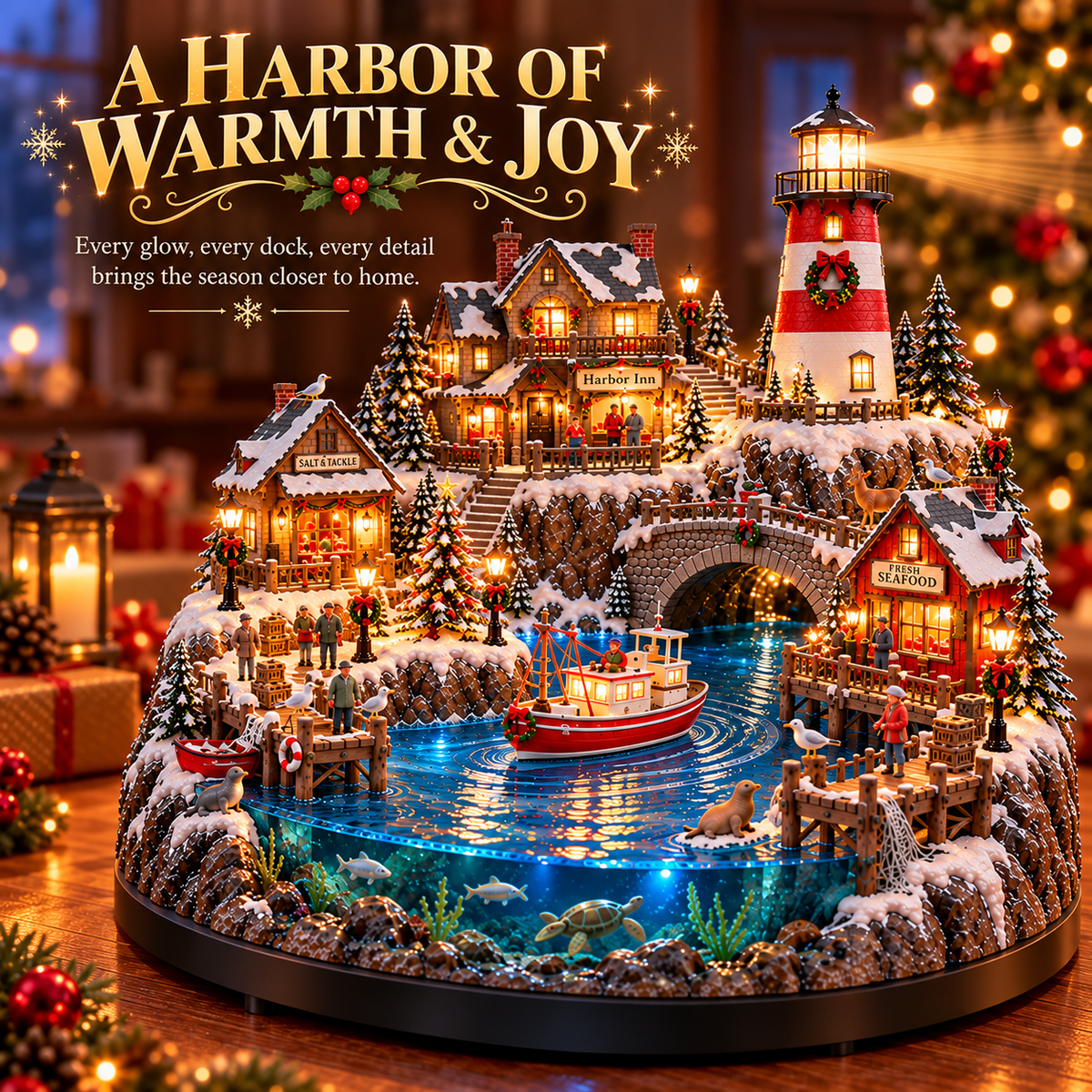 🔥 LAST DAY 50% OFF 🔥🎄 Christmas by the Sea™ – Lighted Harbor Village with Lighthouse & Fishing Boat ✨