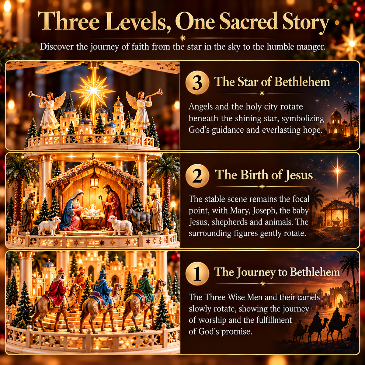 ✨ Rotating Nativity Christmas Pyramid – 3-Tier Lighted Jesus Birth Scene, A Meaningful Christian Christmas Gift 🎄