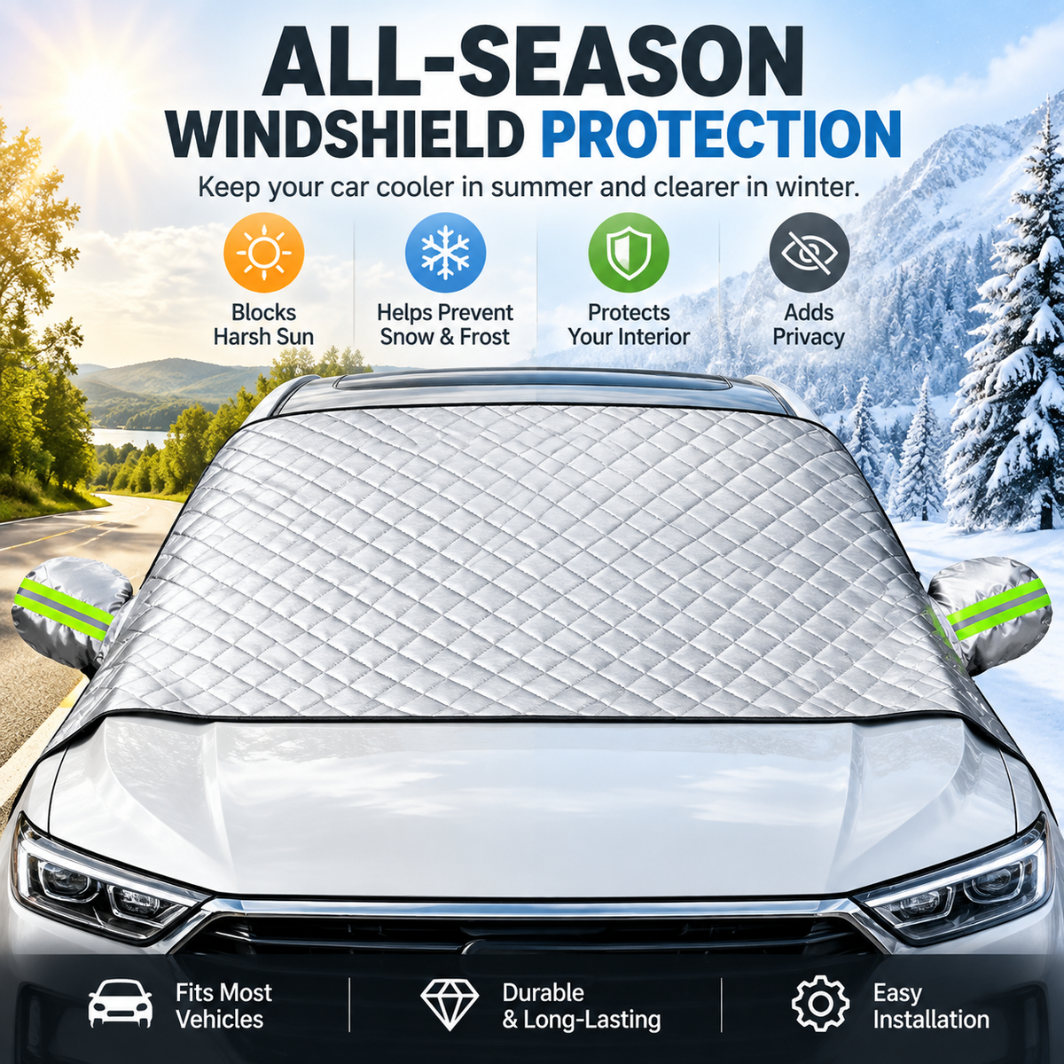 ☀️❄️ One Cover, Every Season! – All-Weather Windshield Protector with Mirror Covers Fits Cars, SUVs & Trucks