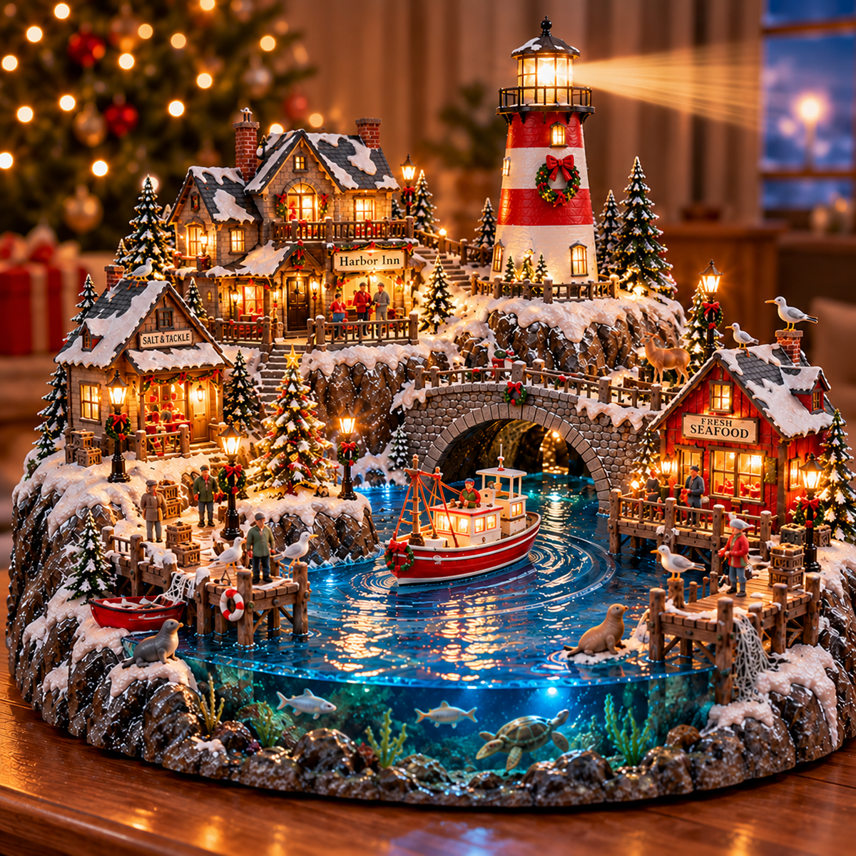 🔥 LAST DAY 50% OFF 🔥🎄 Christmas by the Sea™ – Lighted Harbor Village with Lighthouse & Fishing Boat ✨