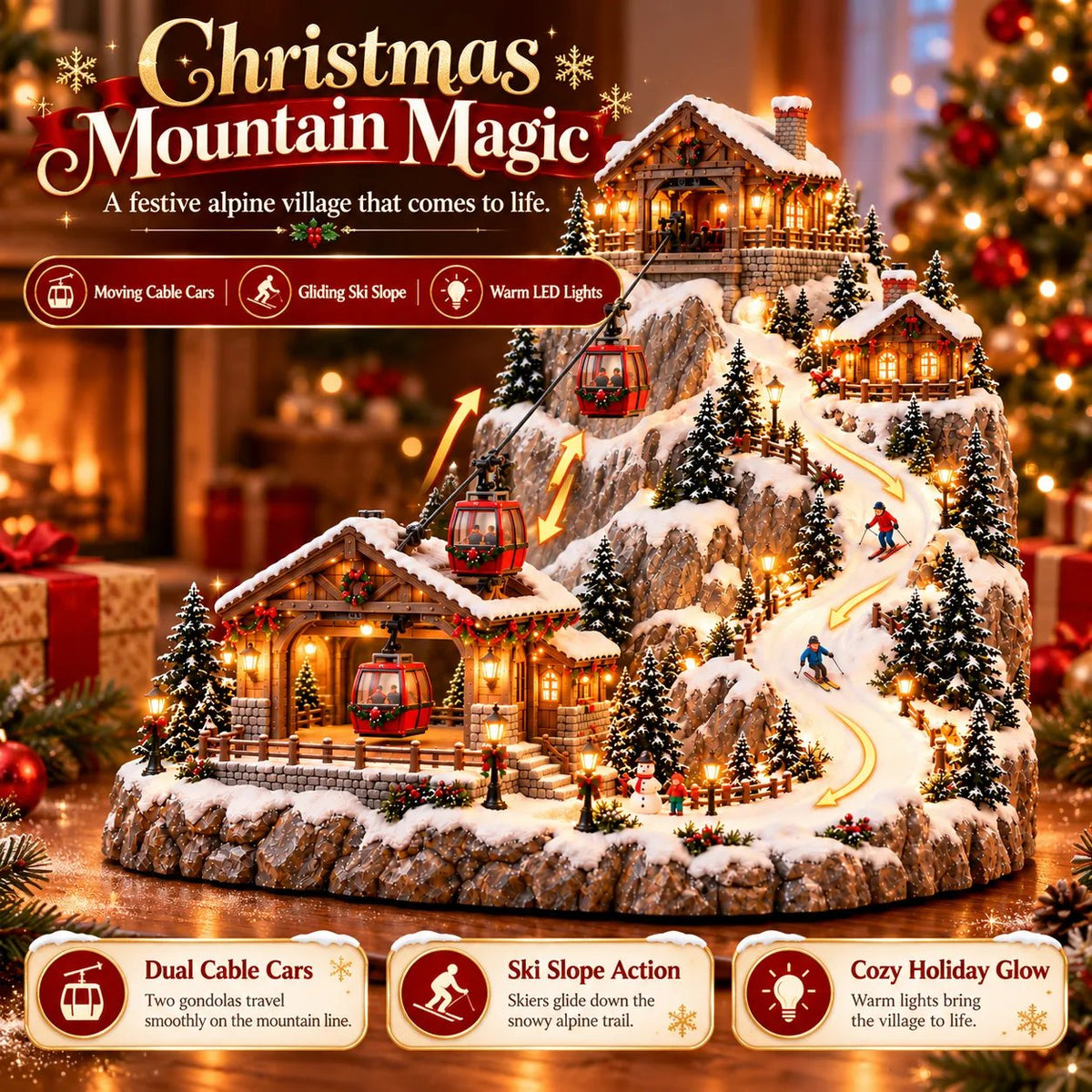 🎄 Bring the Winter Wonderland Home! 🚠 Lighted Christmas Mountain Village – Moving Cable Cars & Holiday Magic! ✨