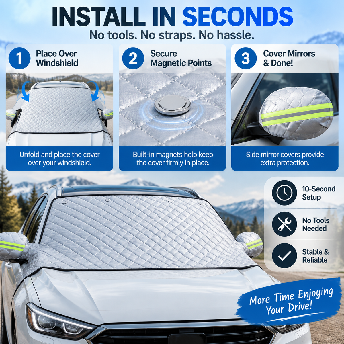 ☀️❄️ One Cover, Every Season! – All-Weather Windshield Protector with Mirror Covers Fits Cars, SUVs & Trucks