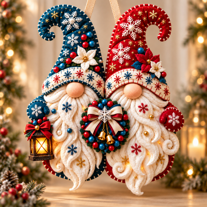 Snowflake Gnome Duo Door Hanger – Red & Blue Christmas Welcome Decor with Lantern