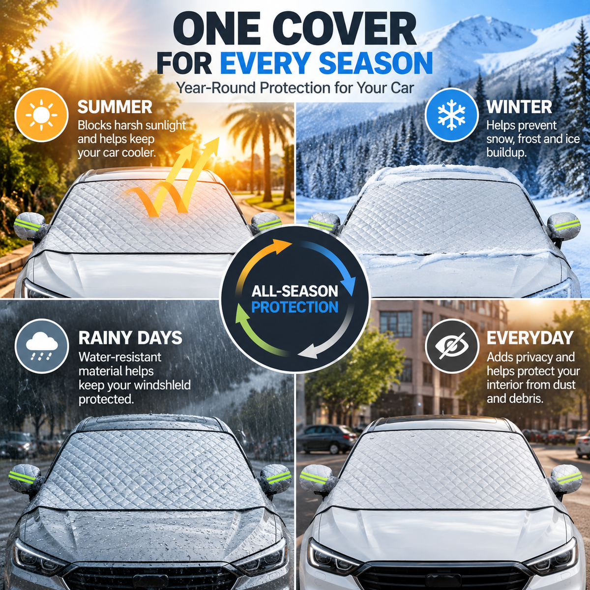 ☀️❄️ One Cover, Every Season! – All-Weather Windshield Protector with Mirror Covers Fits Cars, SUVs & Trucks