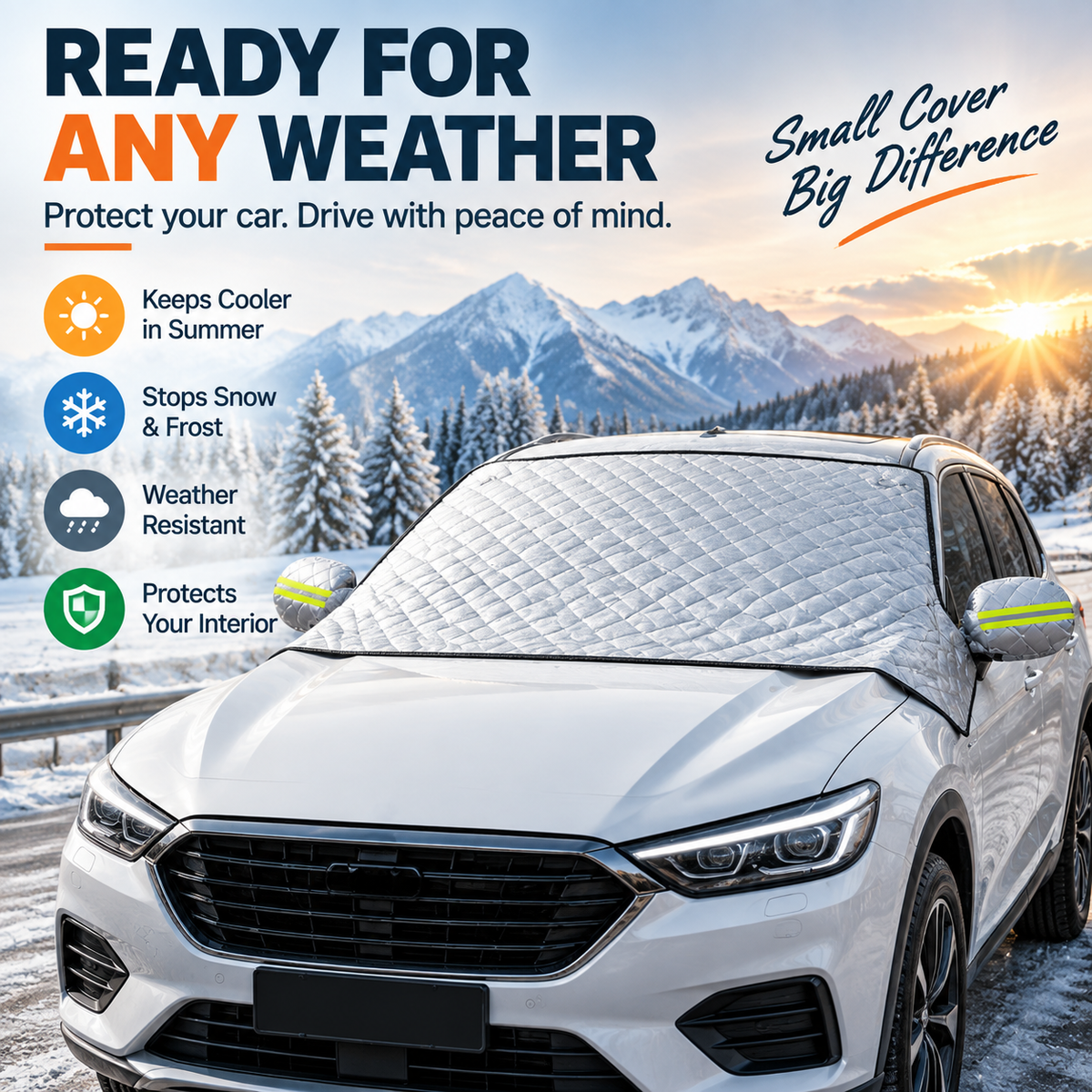 ☀️❄️ One Cover, Every Season! – All-Weather Windshield Protector with Mirror Covers Fits Cars, SUVs & Trucks