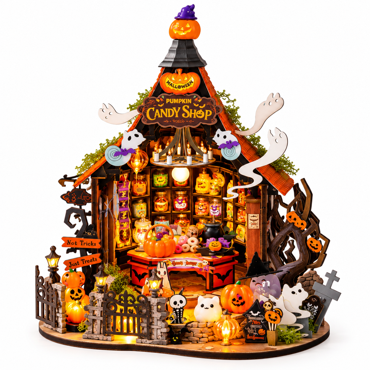 Halloween Pumpkin Candy Shop DIY Miniature House Kit with Lights