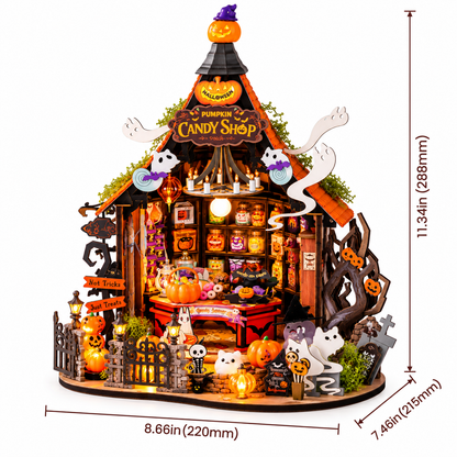 Halloween Pumpkin Candy Shop DIY Miniature House Kit with Lights