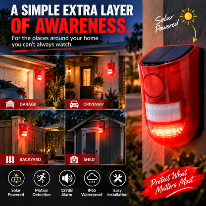🔥Solar Outdoor Motion Sensor Alarm - Dog Barking & Gunshot Sound, Support Recording and Volume Adjustment, 130dB Noise with Flashing Light to Deter Raccoon, Deer, Skunk, Bear, Coyote