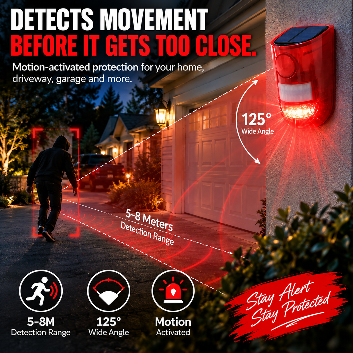 🔥Solar Outdoor Motion Sensor Alarm - Dog Barking & Gunshot Sound, Support Recording and Volume Adjustment, 130dB Noise with Flashing Light to Deter Raccoon, Deer, Skunk, Bear, Coyote