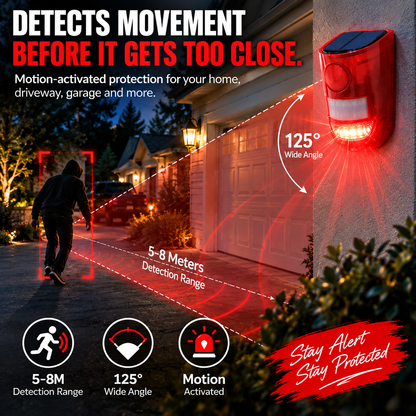 🔥Solar Outdoor Motion Sensor Alarm - Dog Barking & Gunshot Sound, Support Recording and Volume Adjustment, 130dB Noise with Flashing Light to Deter Raccoon, Deer, Skunk, Bear, Coyote