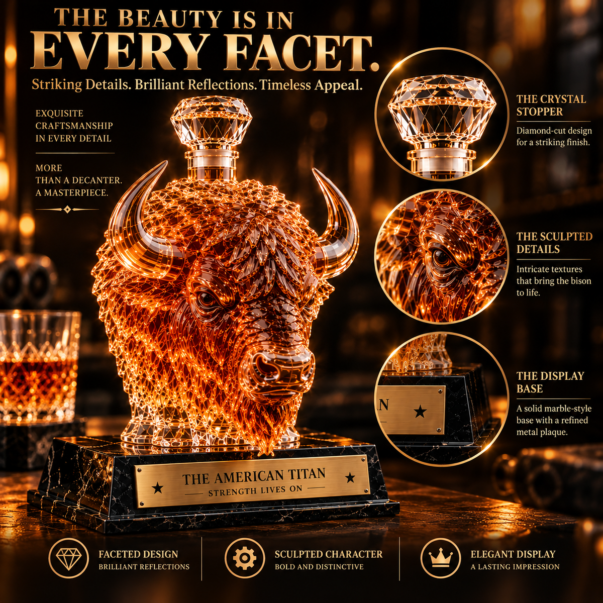 🔥 More Than a Decanter!  The American Titan – A Bold Bison Crystal Whiskey Collectible