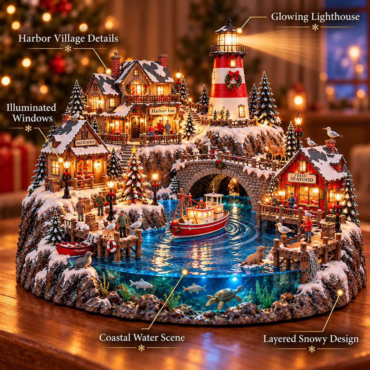 🔥 LAST DAY 50% OFF 🔥🎄 Christmas by the Sea™ – Lighted Harbor Village with Lighthouse & Fishing Boat ✨