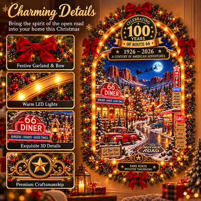 🎄 Route 66 Centennial Christmas Wall Decor – 100 Years of American Adventures (1926–2026) | Lighted Vintage Holiday Decoration & Nostalgic Gift for Road Trip Lovers