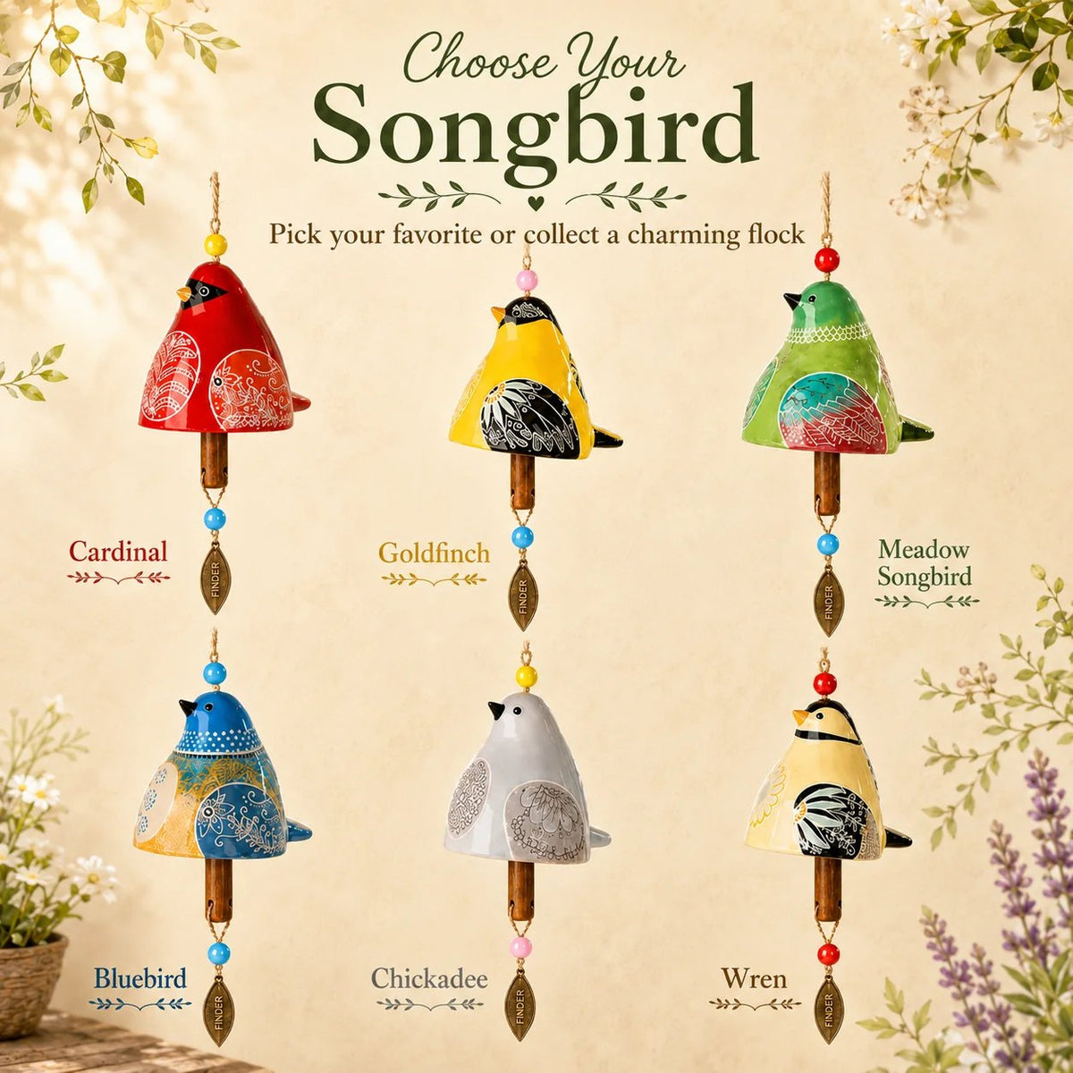 🎁LAST DAY SALE 50% OFF - Hand-Painted Resin Bird Wind Chime, Colorful Folk Art Garden Hanging Decor