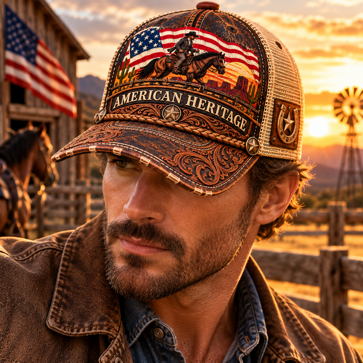🇺🇸 Born for the Wild West! 🤠 American Heritage Vintage Cowboy Trucker Hat