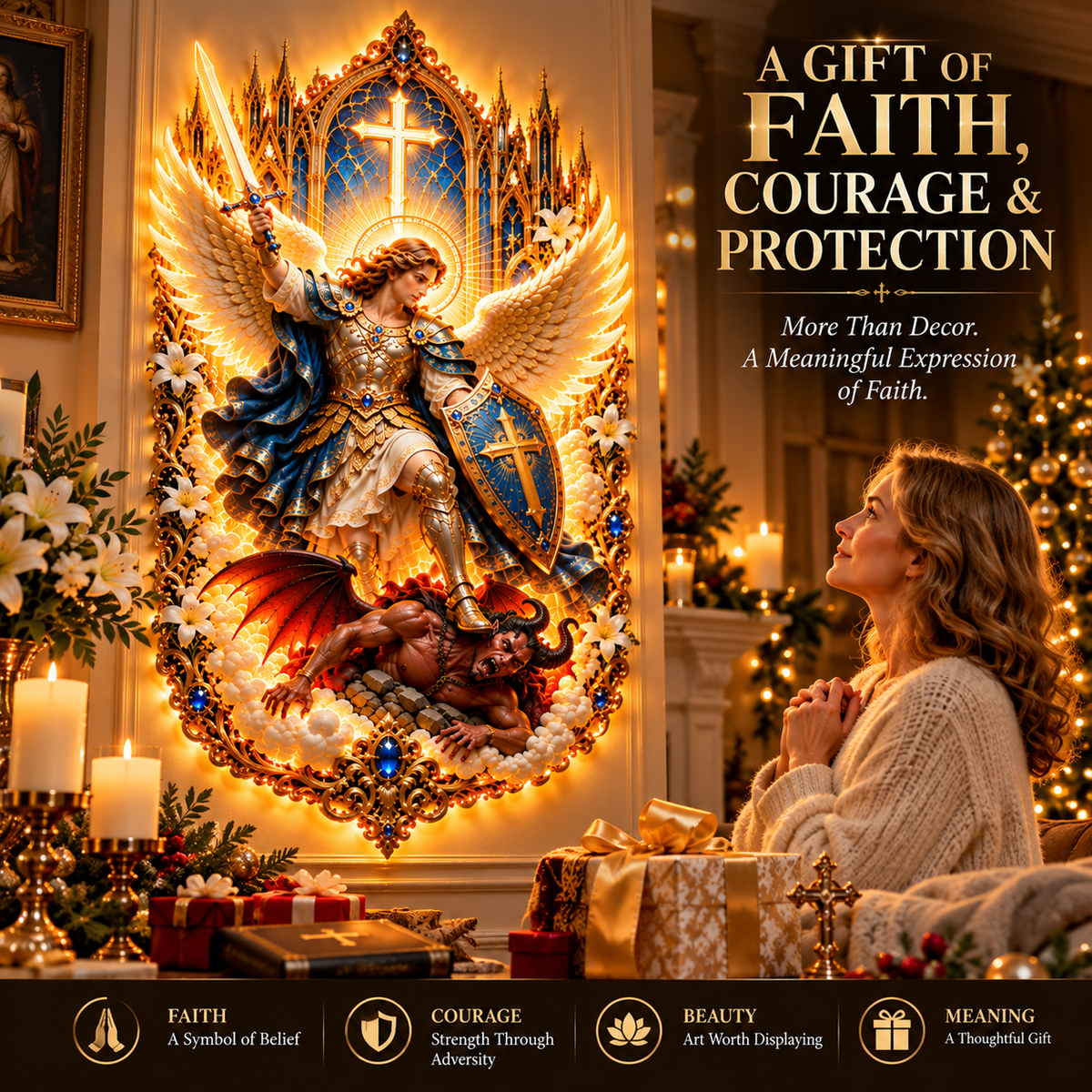 🛡️ Let Faith Conquer Darkness! ✨ Saint Michael the Archangel – Divine Protection Illuminated Wall Art