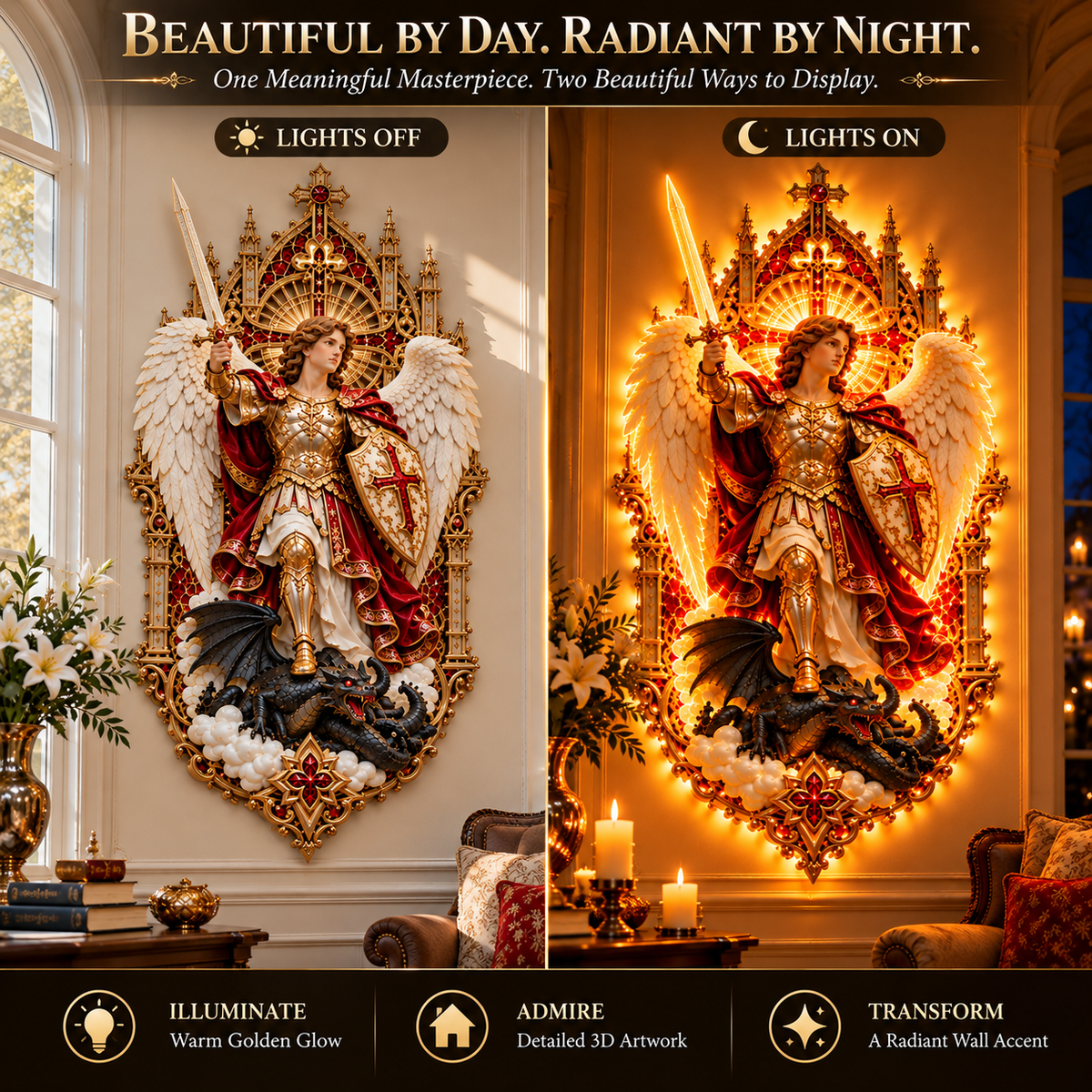 🛡️ Bring Divine Protection Home! ✨ Saint Michael the Archangel – Radiant Guardian Wall Light