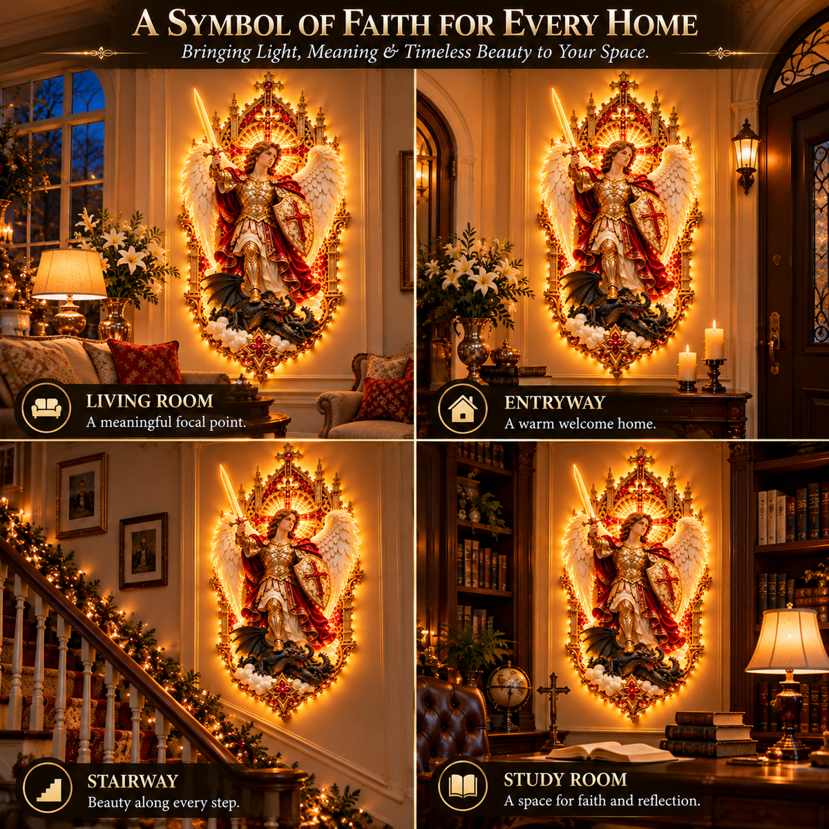 🛡️ Bring Divine Protection Home! ✨ Saint Michael the Archangel – Radiant Guardian Wall Light
