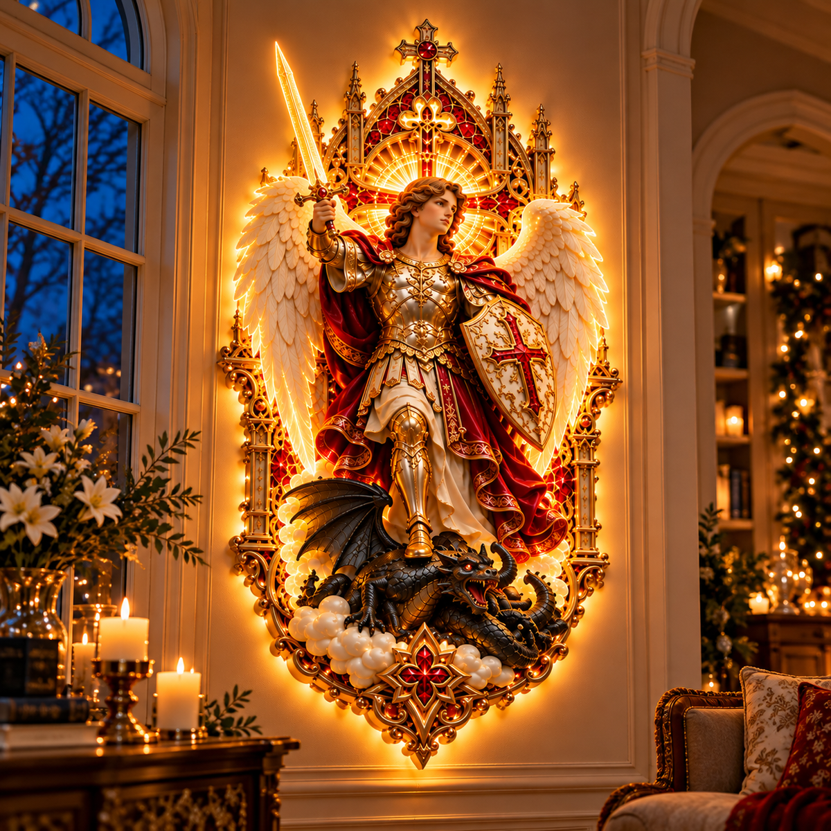 🛡️ Bring Divine Protection Home! ✨ Saint Michael the Archangel – Radiant Guardian Wall Light