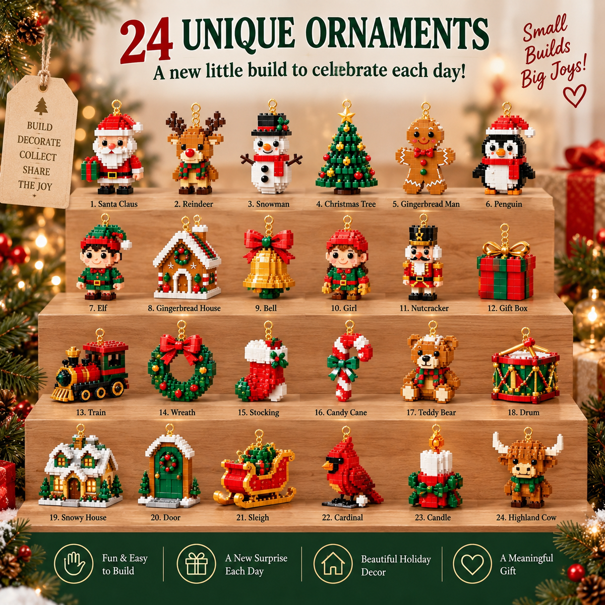 ⏳ Christmas Countdown Favorite – 🎄 24-Day Build & Hang Christmas Ornament Calendar | 24 Different Mini Brick Designs to Build, Collect & Display 🧱