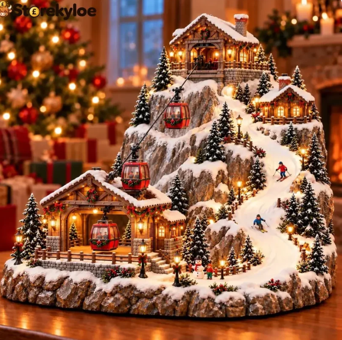 🔥 FINAL NIGHT! 50% OFF!🎿Animated Christmas Mountain Cable Car & Ski Village Scene