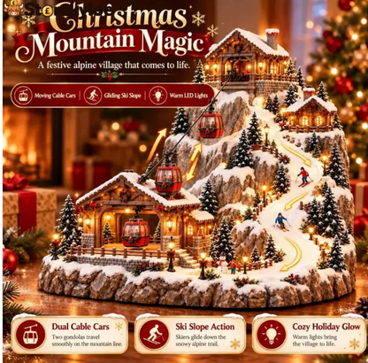 🔥 FINAL NIGHT! 50% OFF!🎿Animated Christmas Mountain Cable Car & Ski Village Scene