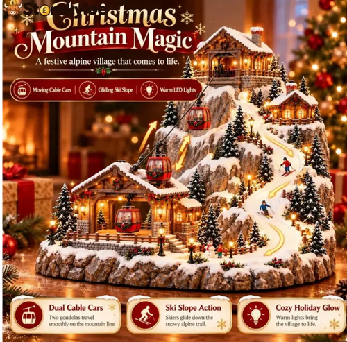 🔥 FINAL NIGHT! 50% OFF!🎿Animated Christmas Mountain Cable Car & Ski Village Scene
