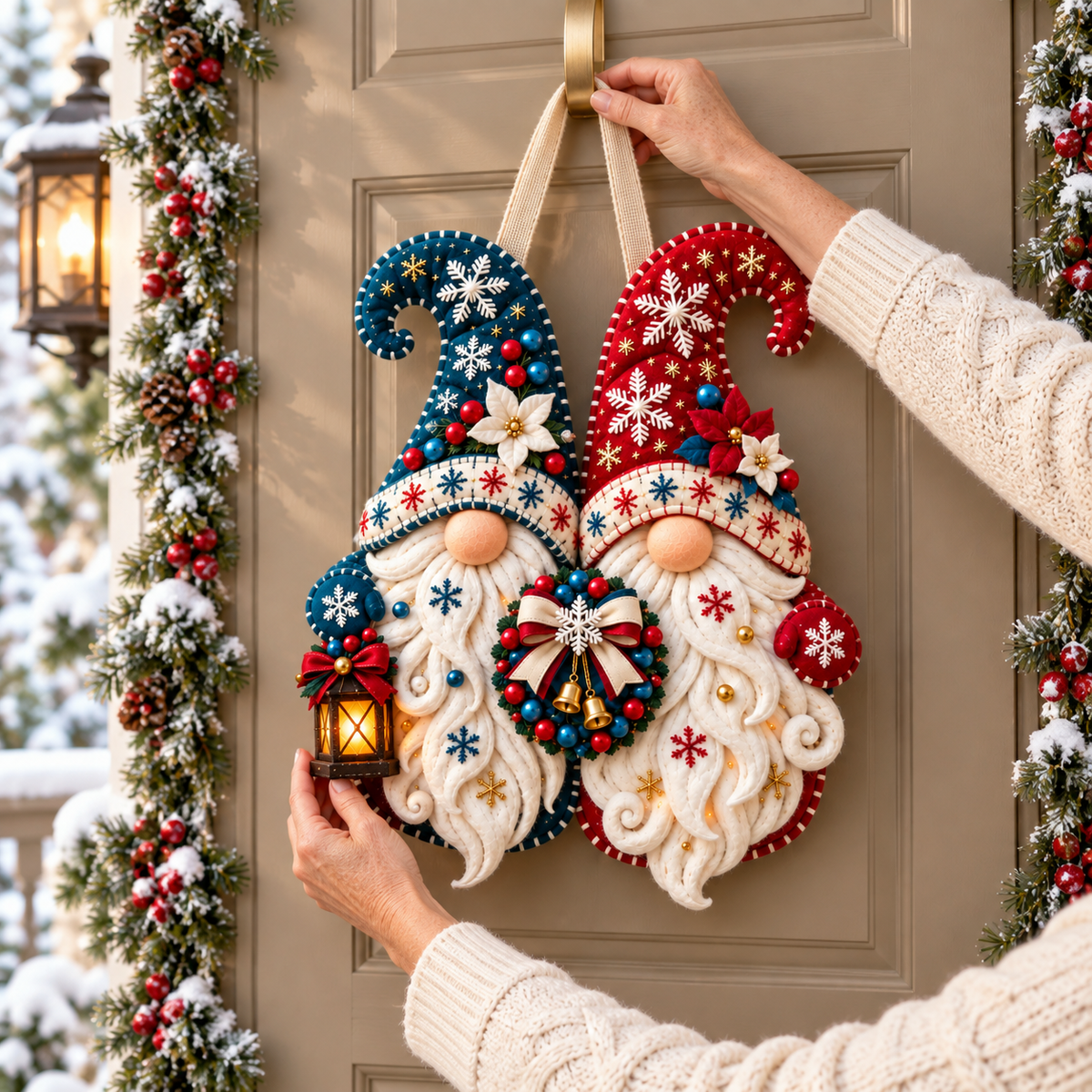 Snowflake Gnome Duo Door Hanger – Red & Blue Christmas Welcome Decor with Lantern