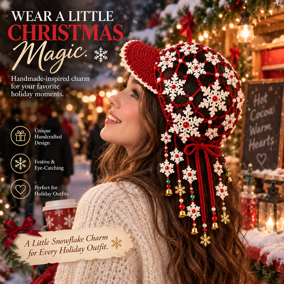 ❄️ Ready to Sparkle This Christmas? 🎄 2026 Christmas Snowflake Crochet Hat – Festive Red & White Floral Lace Cap with Beaded Tassels & Bells
