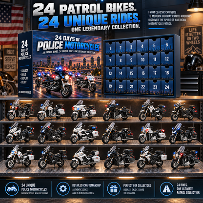 🏍️ 24 Days of Police Motorcycles Advent Calendar – 24 Realistic American Patrol Bike Collectibles, Christmas Gift for Motorcycle Lovers