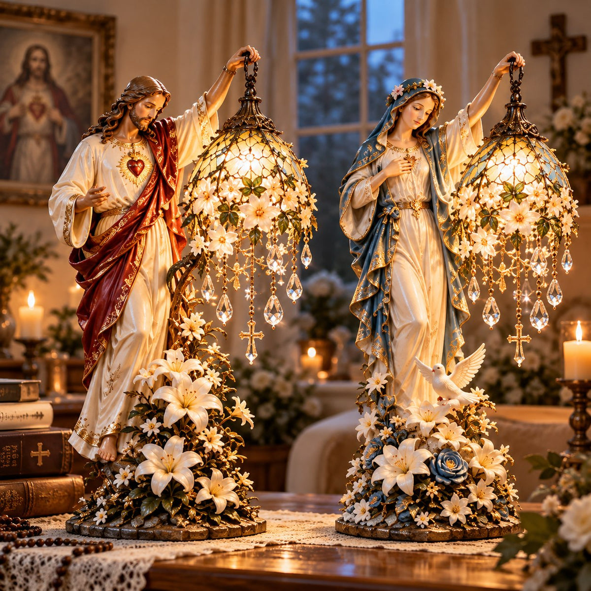 ✝️ Let Faith Light Up Your Home! 🕊️ Light of Grace – Jesus & Virgin Mary Illuminated Sculptures
