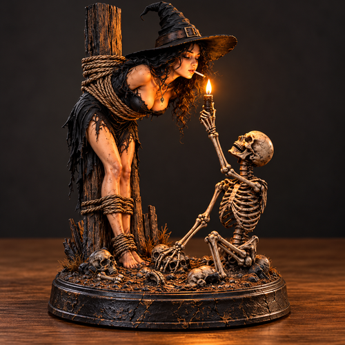 🔥 Witch & Skeleton Candlelight Statue – Spooky Halloween Gothic Tabletop Decor
