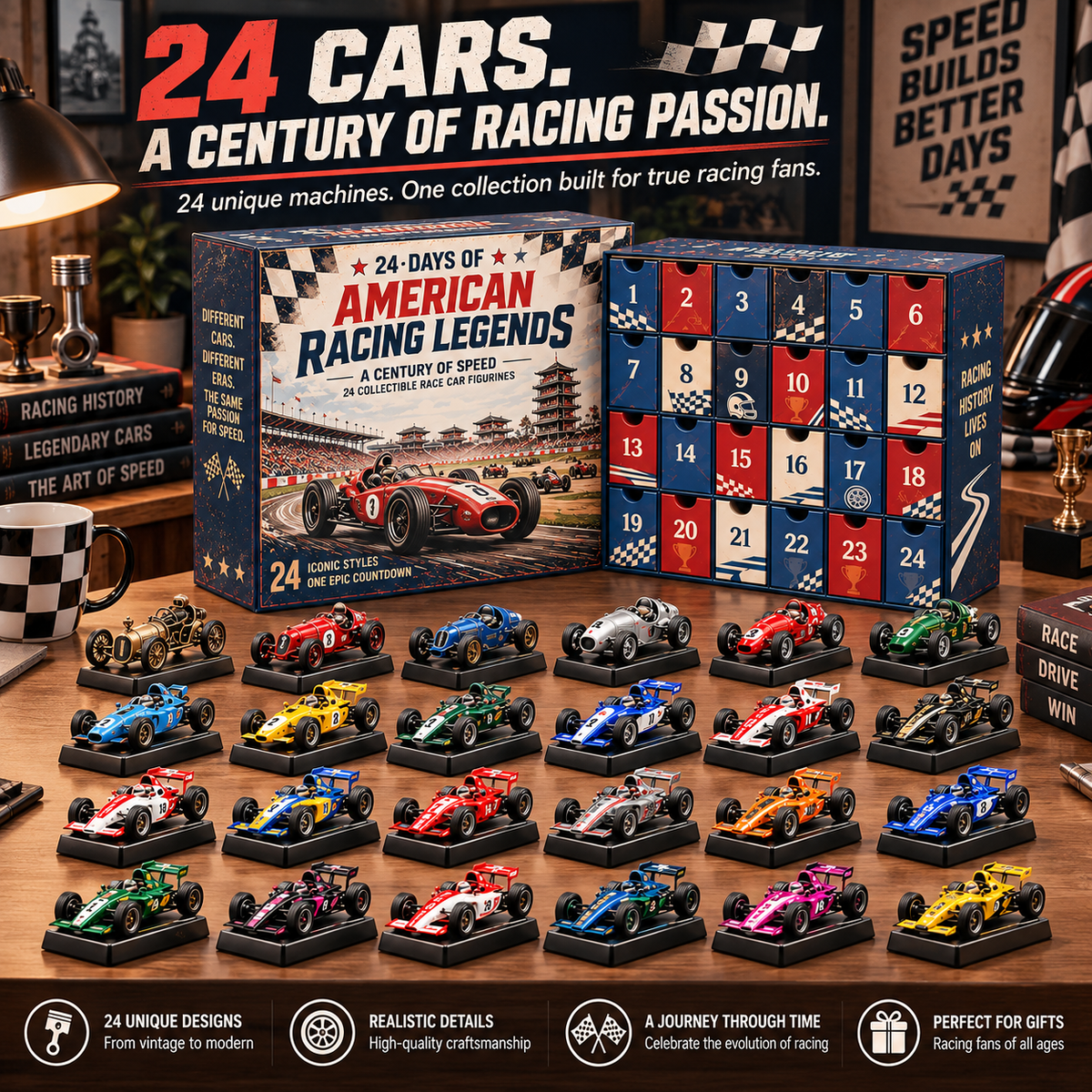🏎️24 Days of American Racing Legends Advent Calendar – 24 Vintage to Modern Race Car Collectibles