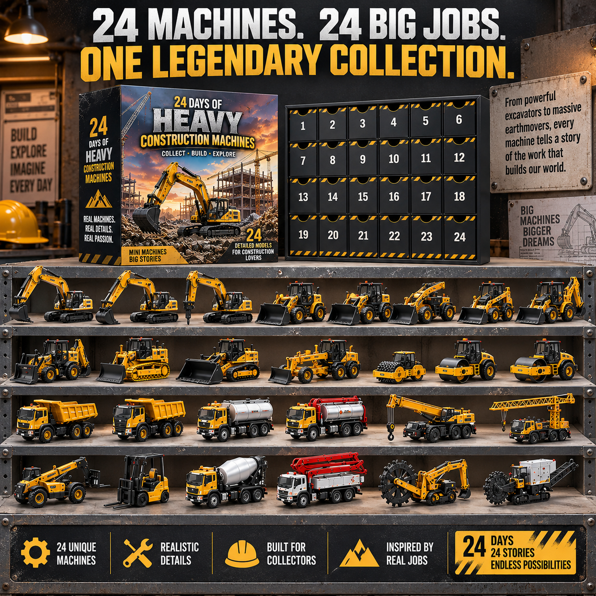🚜 24 Days of Heavy Construction Machines Advent Calendar – 24 Realistic Construction Vehicle Collectibles, Christmas Gift for Equipment Lovers