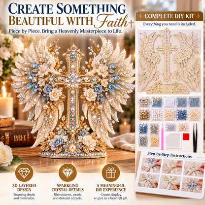 ✨ Create Something Beautiful With Faith! 🪽 Angel Wings & Cross – 3D Crystal Diamond Art DIY Kit