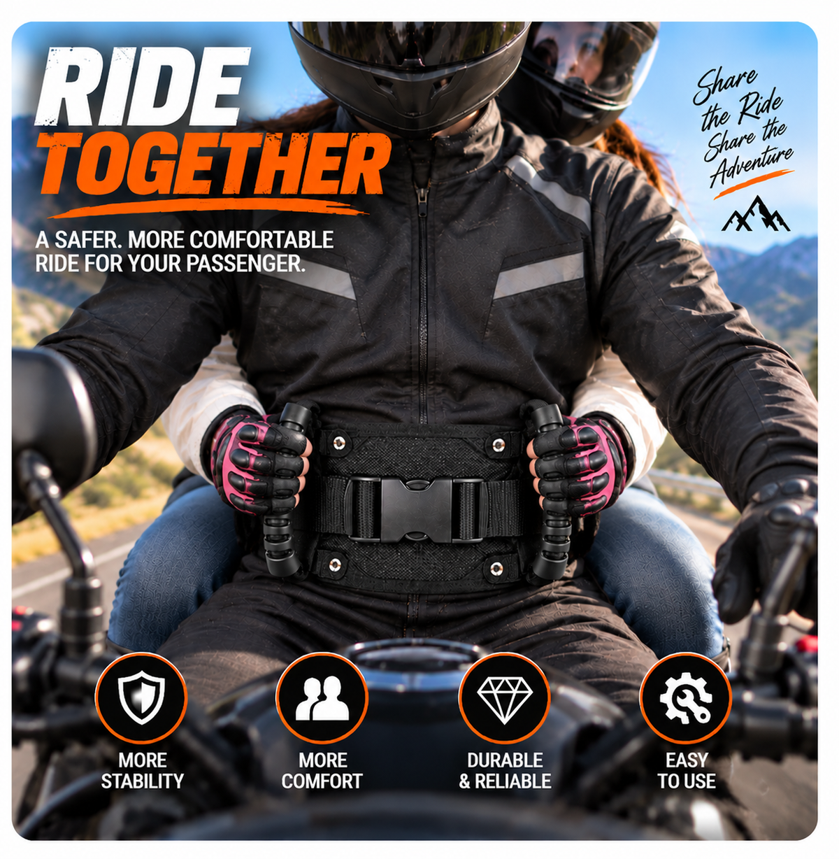 Motorcycle Passenger Grab Handle Belt – Adjustable Waist Belt with Dual Grip Handles for Two-Up Riding
