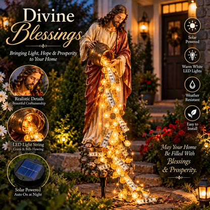✨ Divine Blessings Solar Garden Light – Jesus Statue with Cascading Golden Coins & LED Lights