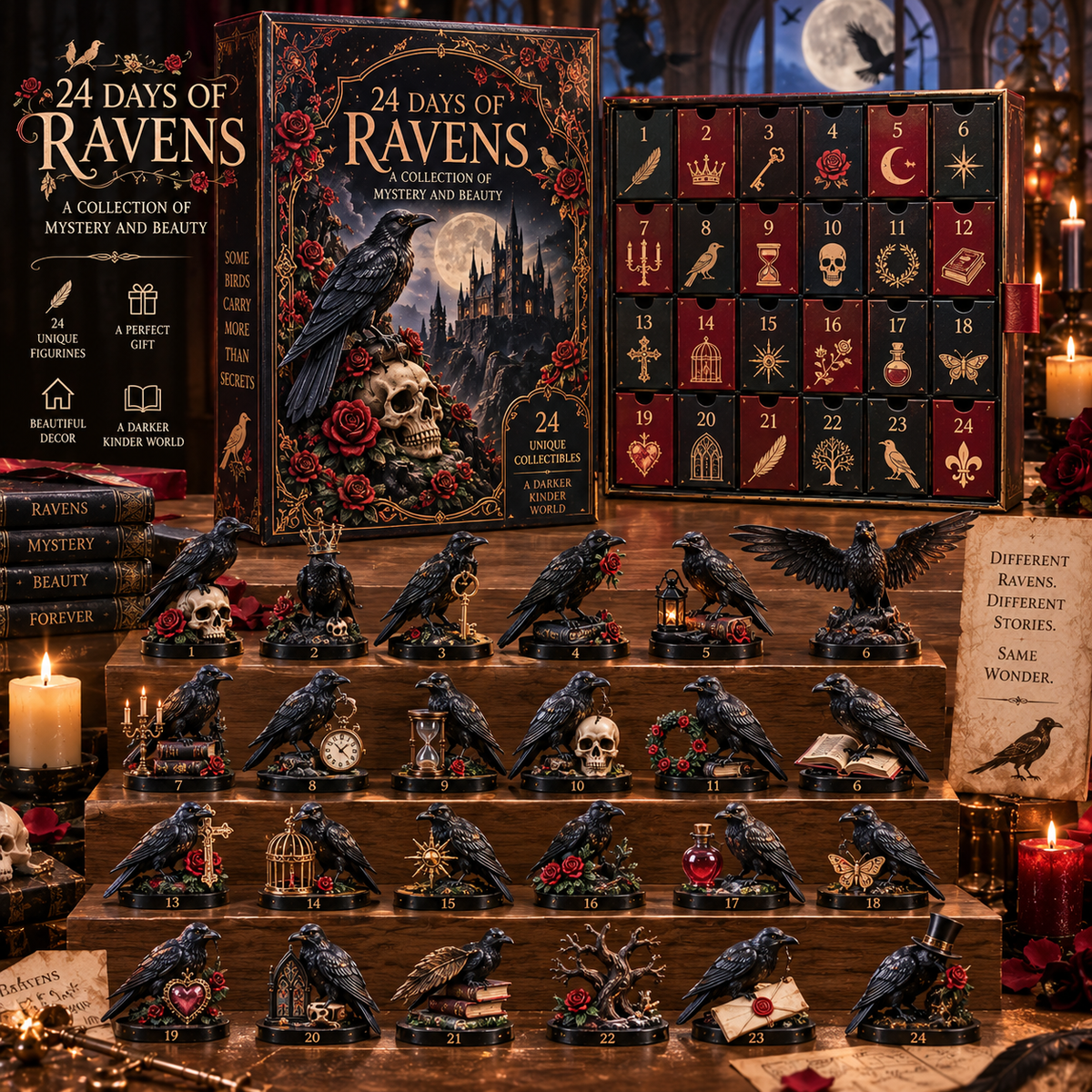 🖤 24 Days of Ravens Advent Calendar – 24 Gothic Raven Collectibles, One Mysterious Christmas Journey 🐦‍⬛🌹
