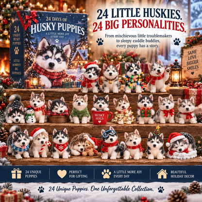 🐺 24 Days of Husky Puppies Advent Calendar – 24 Unique Realistic Siberian Husky Figurines, Christmas Gift for Husky Lovers